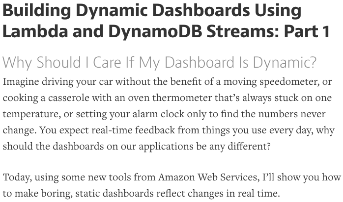 Building Dynamic Dashboards Using Lambda and DynamoDB Streams: Part 1